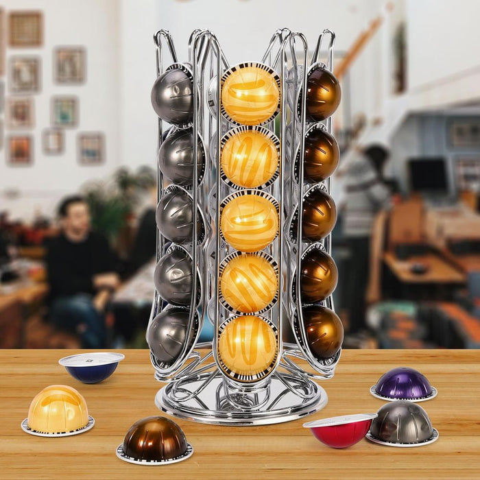 Premium Metal Coffee Pod Holder - Rotating for Nespresso Vertuo Vertuoline Capsules - Space-Saving & Organized Storage