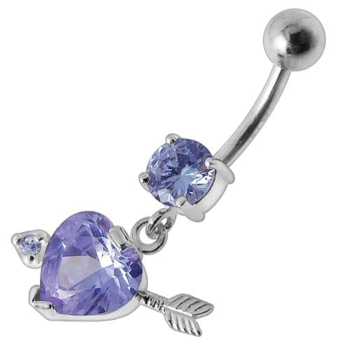 Fancy Jeweled Arrow Heart Dangling Banana Bar Belly Ring