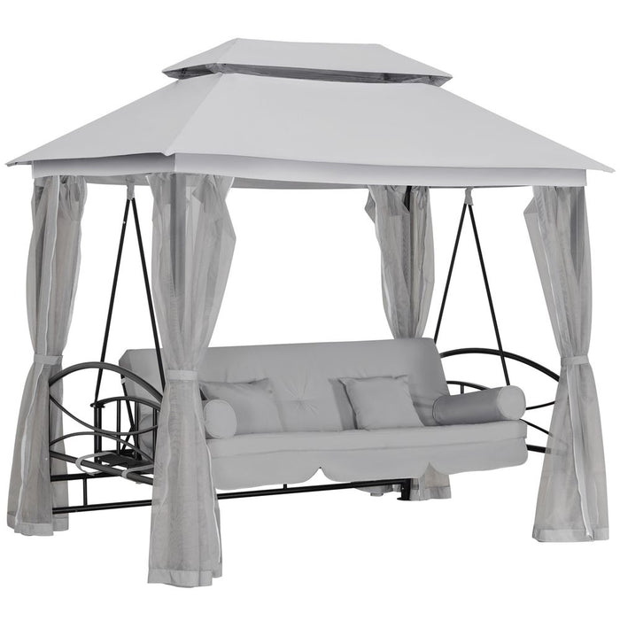 2-in-1 Convertible Swing Chair Bed 3 Seater Hammock Gazebo Cushioned Seat - Grey