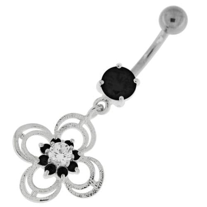 Flower With Bow Jeweled Silver Belly Button Ring