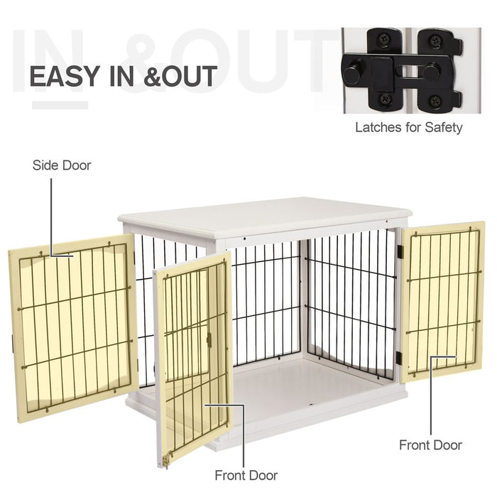 PawHut Dog Crate, Furniture Style Puppy Cage End Table, Pet Kennel House with 3 Doors for Small Dog, White 81 x 58.5 x 66 cm