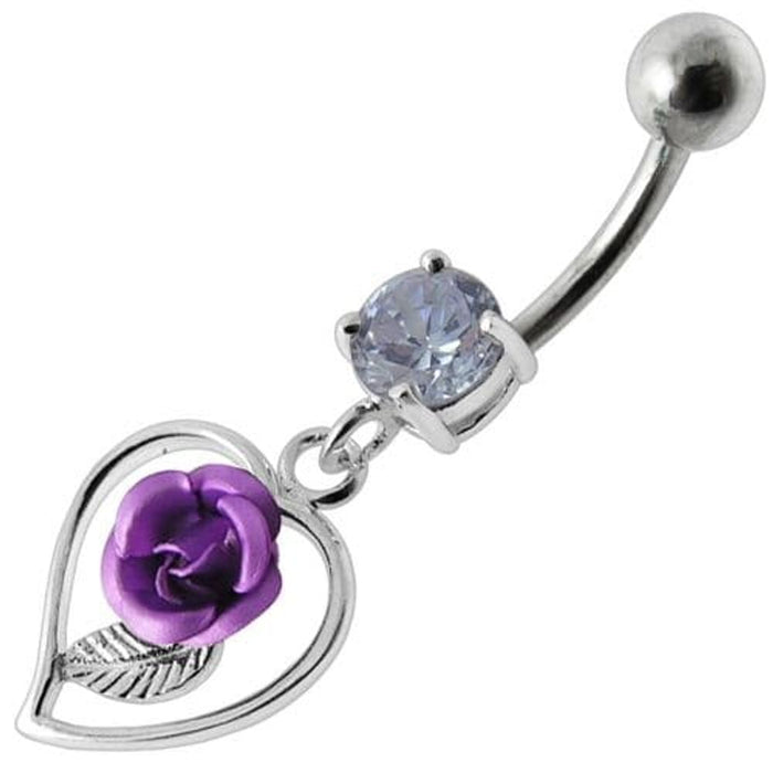 Rose in Heart Jeweled Dangling Belly Ring