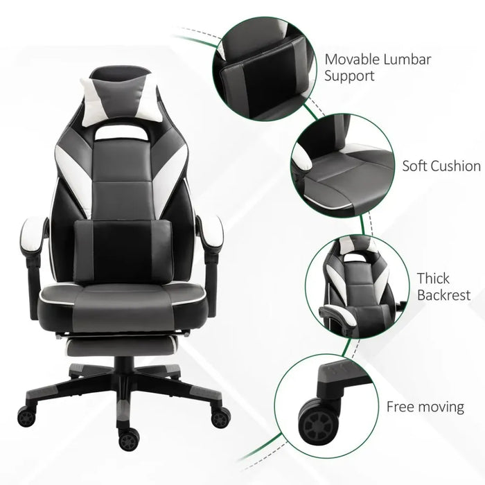 Gaming Chair Ergonomic Computer Chair w/ Footrest Headrest Lumbar Pillow Grey