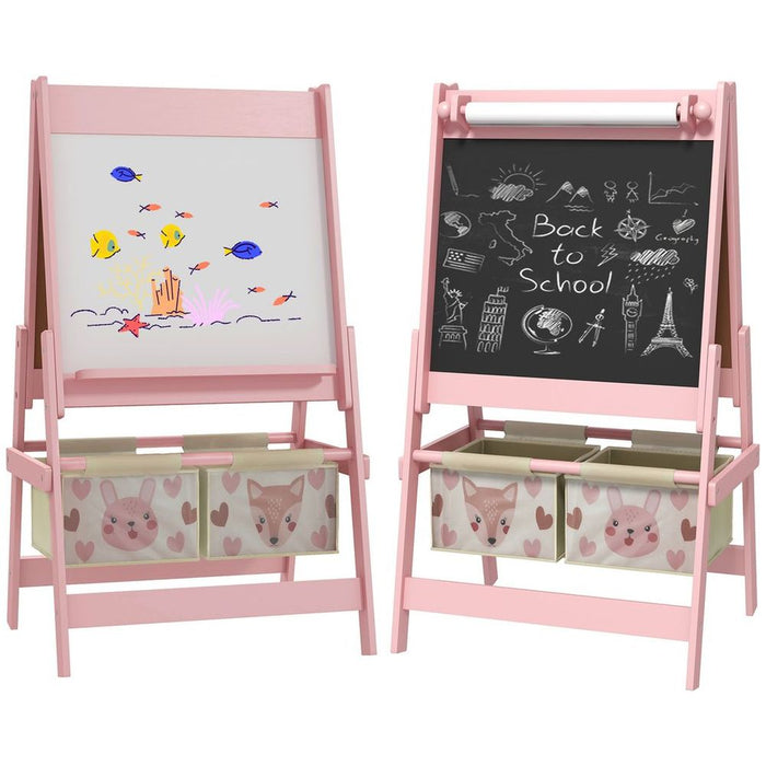 AIYAPLAY Kids Easel with Paper Roll, Blackboard, Whiteboard, Storage, Pink