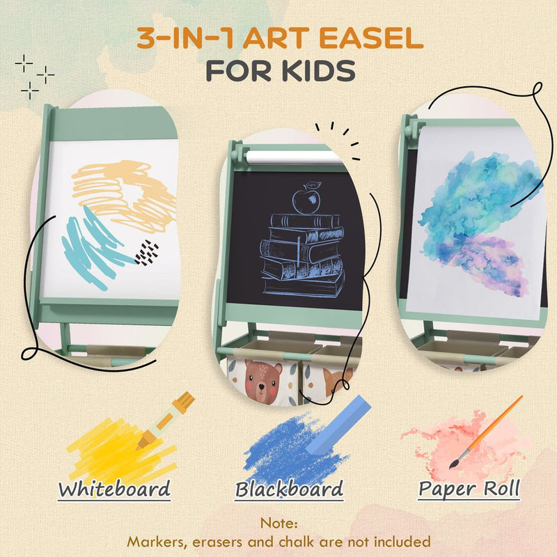 AIYAPLAY Kids Easel with Paper Roll, 3 in 1 Art Easel for Children, with Blackboard, Whiteboard, Storage Baskets, Green