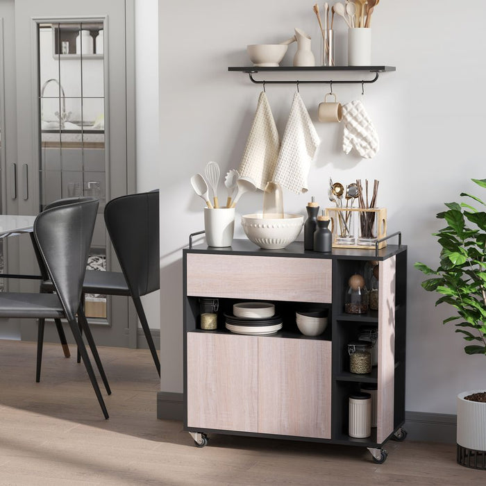 Versatile Rolling Kitchen Island: Oak/Black, 76.5Wx40Dx82H cm