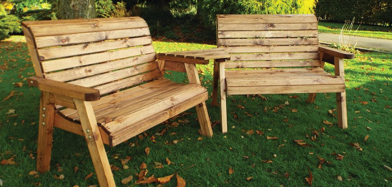 Comfortable English Twin Bench Set with Angled Tray - High Quality British Craftsmanship - 10 Year Rot Free Guarantee