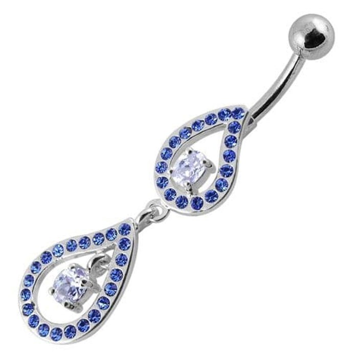 Fancy Pear Shape Jeweled Dangling SS Bar Navel Ring