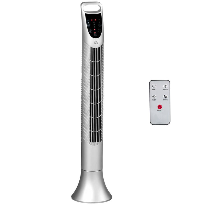 Premium Tower Fan with 3 Speeds, Oscillation, and Remote - High-Quality Silver Cooling Appliance