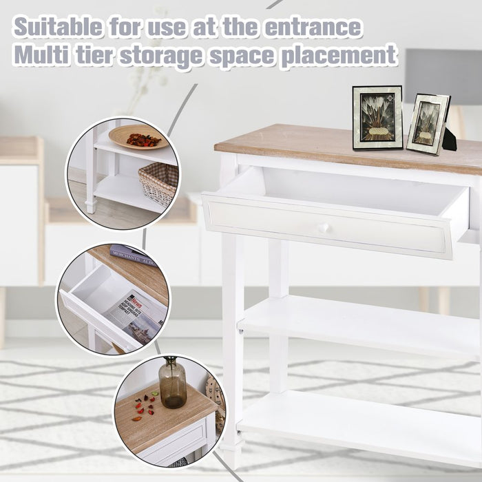 Stylish White MDF Console Table-Drawer & Shelves Storage-Oak Worktop-Balanced Legs