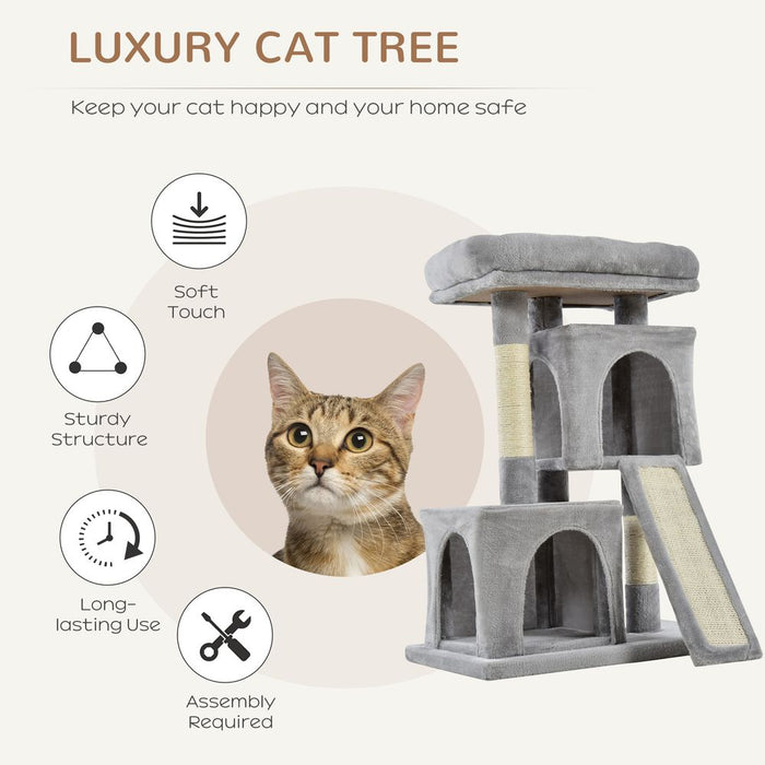 Premium Cat Activity Tree: Rest, Play & Scratch - 2 House Cushion Perch Post - Grey