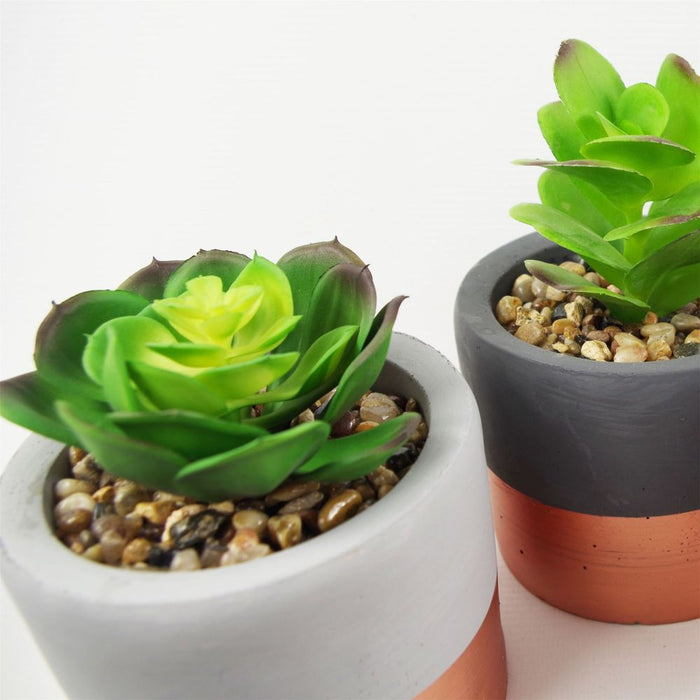 Premium 14cm Stoneware Mini Copper Band Planters w/ Artificial Succulents - Set of 3