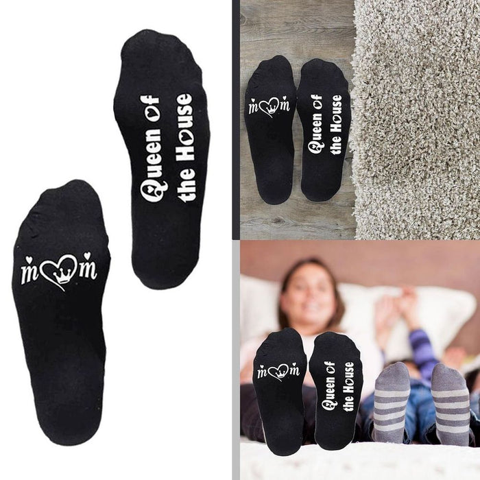 Flo Novelty Cotton Mid Calf Socks, Funny Slogans, Queen of the House, Black