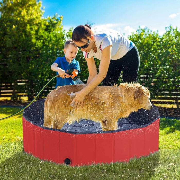 PawHut Foldable Dog Paddling Pool Pet Cat Swimming Pool Indoor/Outdoor Collapsible Summer Bathing Tub Shower Tub Puppy Washer (Φ120 × 30H cm, Red), D01-004RD