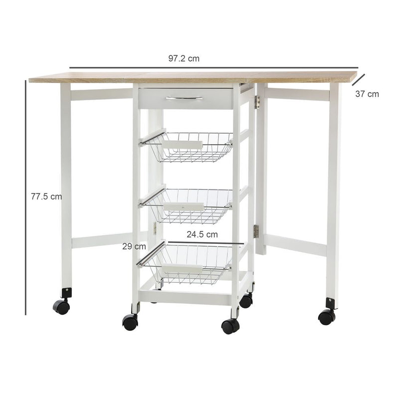 MDF Extendable Kitchen Island Trolley - White, Steel Drawers, Oak Countertop