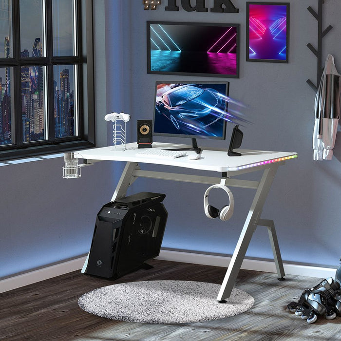 Premium Gaming Desk: Racing Style, RGB LED Lights, Hook, White