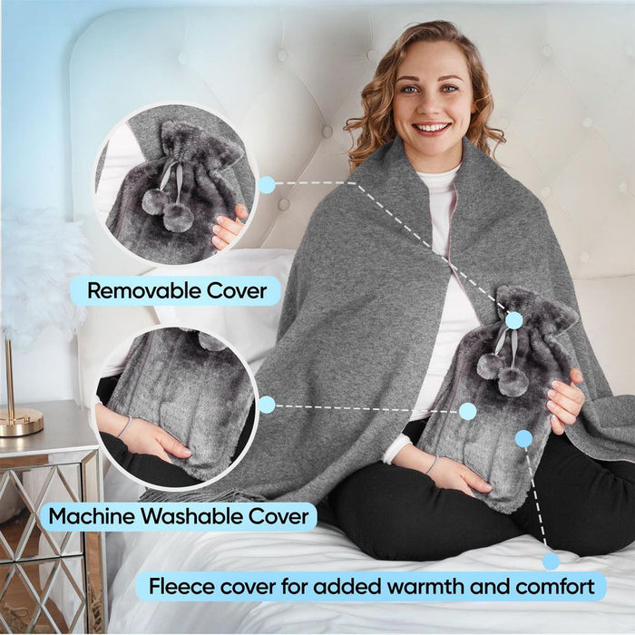 Cozy & Warm Fluffy Pom Pom Hot Water Bottle - 2L GREY - Durable Ribbed Design - Thermotherapy Heat Pad - Cosy Velvety Cover