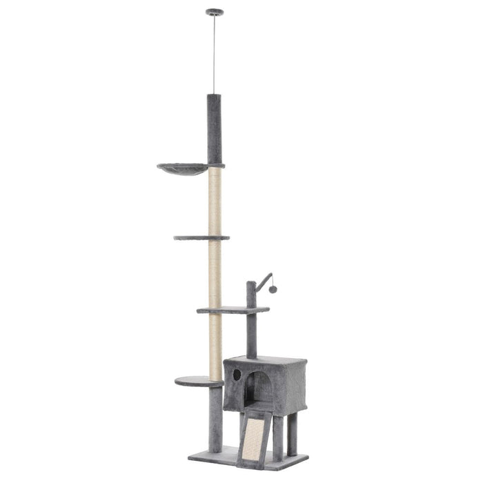 Floor-to-Ceiling Cat Tree Tower w/ Scratching Post, Hammock, House - Grey