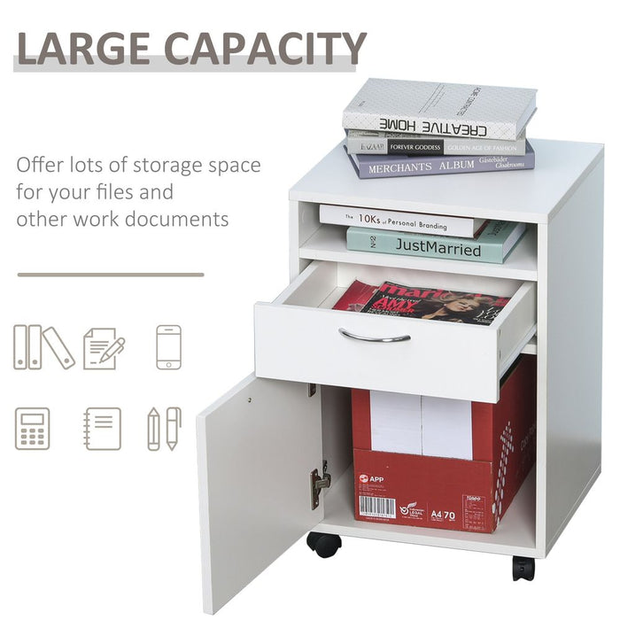 HOMCOM 60cm Storage Cabinet w/Drawer Open Shelf Metal Handles 4 Wheels Office Home Organiser Mobile Printer White