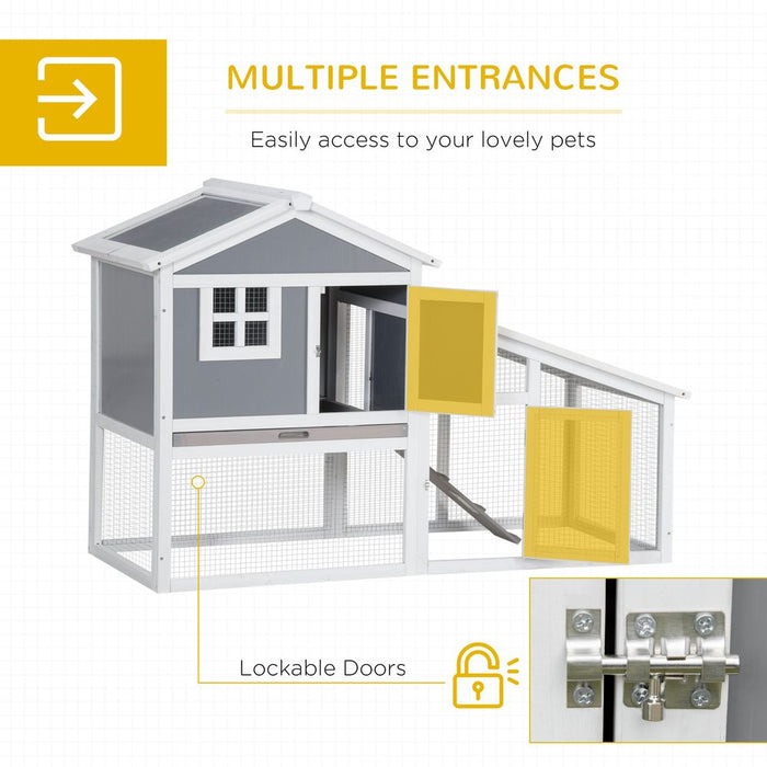 PawHut Wooden Rabbit Hutch 2 Tier Guinea Pig Cage Bunny Run w/Sunlight Panel Roof and Slide-Out Tray, Grey