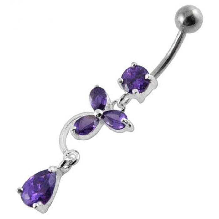 Fancy Flower Jeweled Dangling Banana Bar Belly Ring