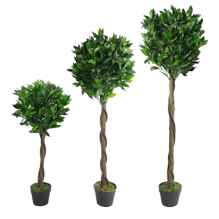 Realistic 120cm Artificial Topiary Bay Laurel Ball Trees - Pair of Twisted Stem Trees - No Maintenance Required