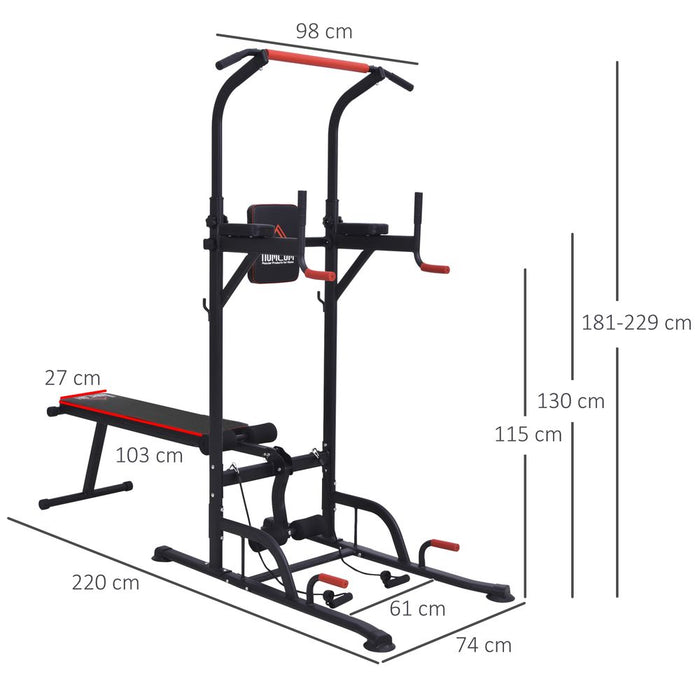 HOMCOM Multifunction Power Tower Home Workout Dip Station w/Sit-up Bench Push-up Bars and Tension Ropes Fitness Equipment Office Gym Training