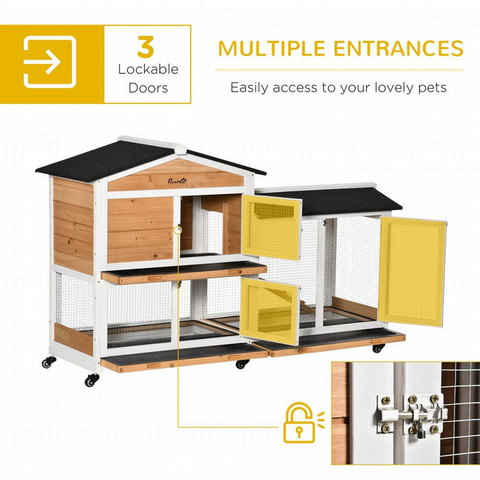 PawHut Rabbit Hutch Outdoor with Run Guinea Pig Hutch 2-Tier Bunny Cage w/Wheels No-Leak Plastic Tray 157.4 x 53 x 99.5 cm - Yellow