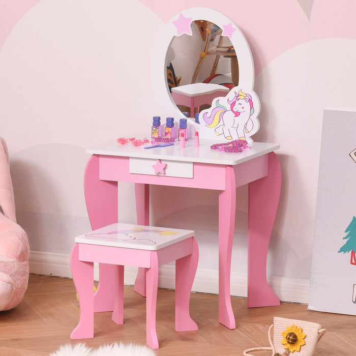 Magical Unicorn Girls Vanity Set with Mirror and Stool - High Quality, Ages 3-6