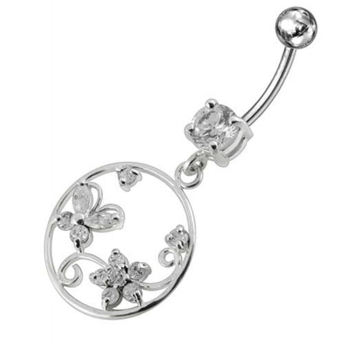 Jeweled Fancy Silver Dangling SS Curved Bar Belly Ring