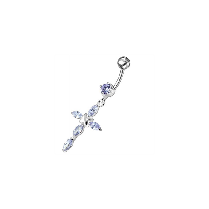 Jeweled Fancy Silver Flower Dangling SS Bar Banana Belly Ring