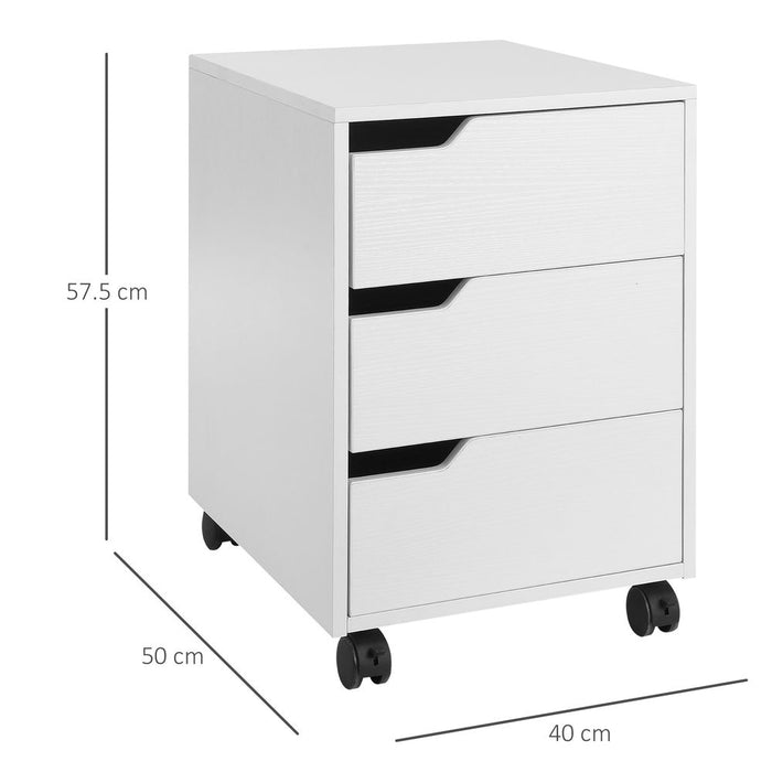 MDF Mobile File Cabinet w/ 3 Drawers Locking Wheels Metal Rails White