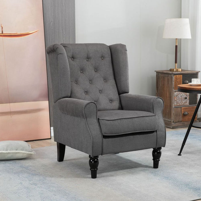 Premium Wood Frame Accent Armchair | Retro Tufted Club Chair | Dark Grey Fabric | Home Furniture