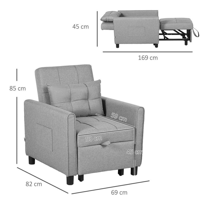 HOMCOM Pull Out Chair Bed, Sleeper Chair with Pillow, Side Pockets, Light Grey - Comfortable, Convenient, Space-Saving