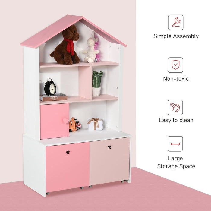 HOMCOM Kids Bookshelf Chest w/Drawer with Wheels Baby Toy Wood Organizer Display Stand Storage Cabinet 80x34x130cm Pink