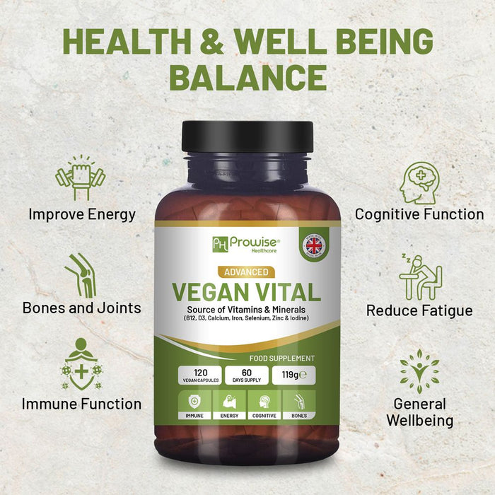 Vegan Vital Multivitamins and Minerals | 120 Vegan Multivitamin Capsule | Calcium, Vitamin B12, Vitamin B2, Vitamin D3, Selenium, Iodine, Zinc & Iron | by Prowise Healthcare