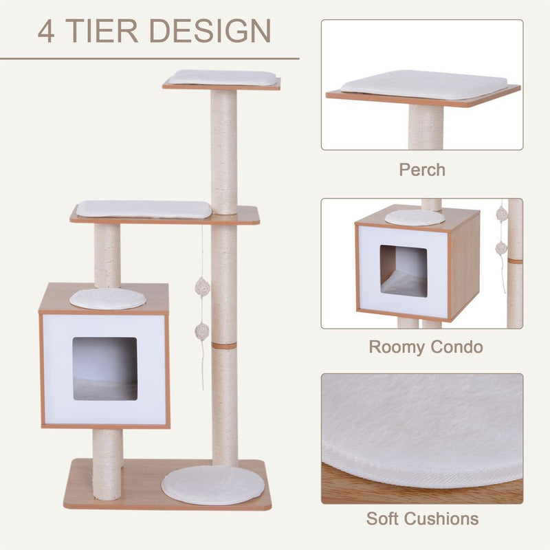 PawHut Wood Cat Tree Scratching Post for Indoor Cats Kitten House Condo Activity Center w/Cushion Hanging Toy Multi-level