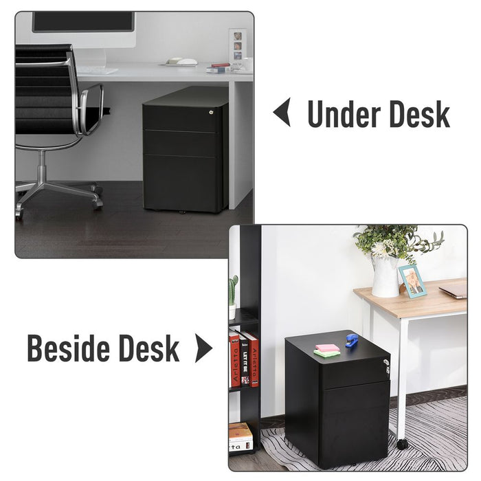 3 Draw Metal Filing Cabinet Lockable 4 Wheel Compact Under Desk Black Vinsetto