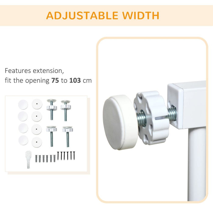 PawHut Pressure Fit Safety Gate for Doorways and Staircases, Dog Gate w/ Auto Closing Door, Pet Barrier for Hallways w/ Double Locking, Openings 75-103CM - White