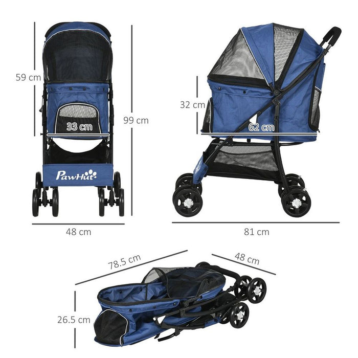 PawHut Foldable Dog Stroller w/ Large Carriage, Universal Wheels, Brakes - Blue