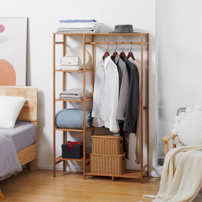 Bamboo Clothes Rail Garment Rack - High Quality 6 Tier Shelf Hanging Rod for Organized Storage