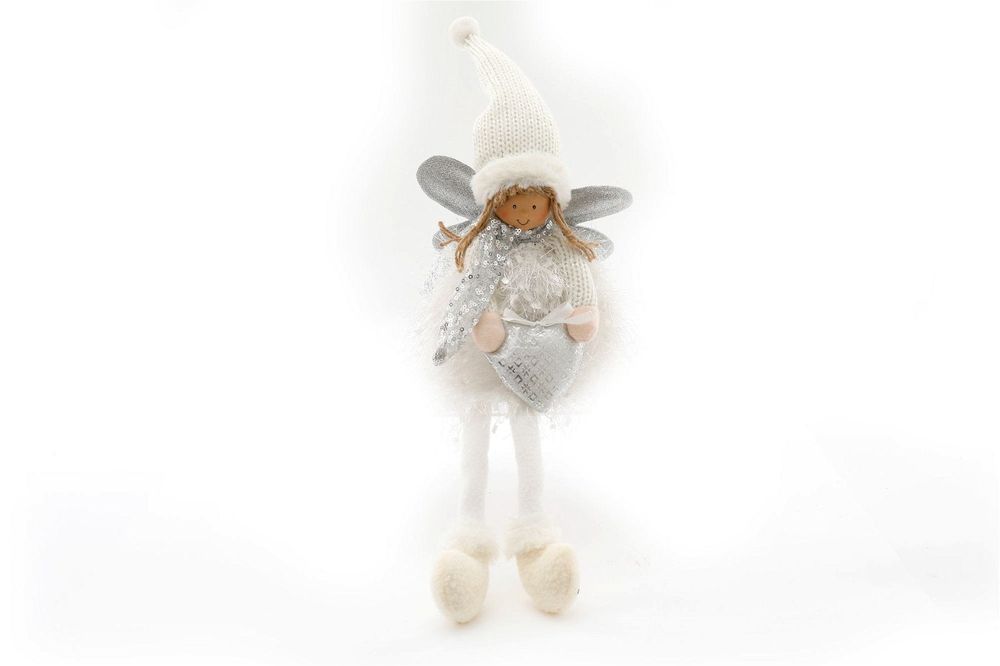 Cute Christmas Angel Ornament - Knitted Dress, Silver Wings, Freckled Smile, 26cm