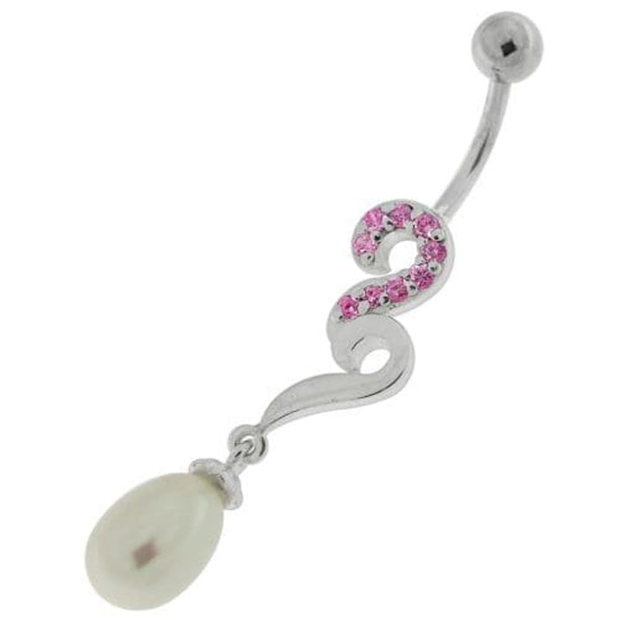 Pearl Jeweled Fancy Silver Dangling Banana Bar Navel Belly Ring