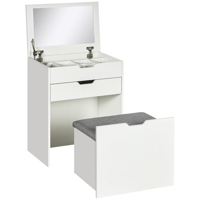 Dressing Table Set w/ Flip-up Mirror & Stool, Drawer and Compartments, White