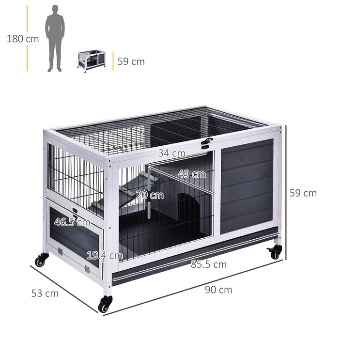 Durable 2-Floor Rabbit Hutch w/ Wheels | Indoor Wood Cage for Guinea Pigs | Pawhut