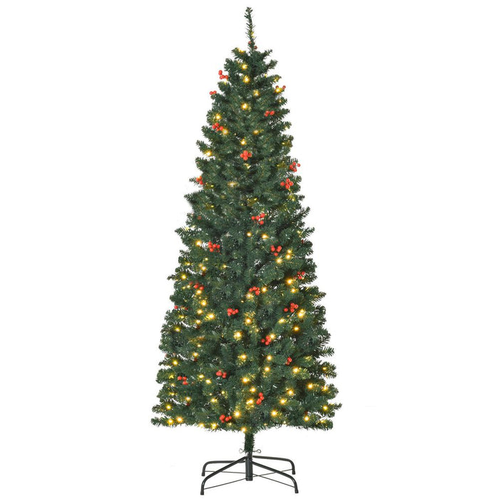 6FT Prelit Artificial Pencil Christmas Tree Warm White LED Red Berry Green