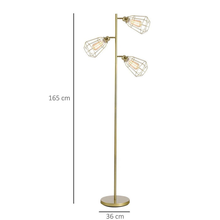 High-Quality Steel Birdcage Floor Lamp - 3 Lights, Round Base & Gold Finish