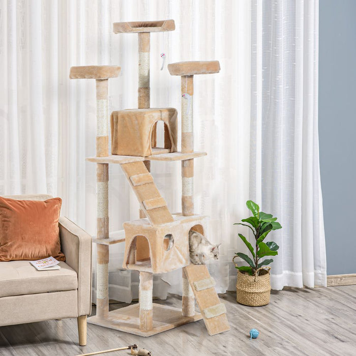 PawHut Cat Tree for Indoor Cats, 170cm Cat Tower Scratching Post Tall Climbing Tower, Activity Centre House - Cream