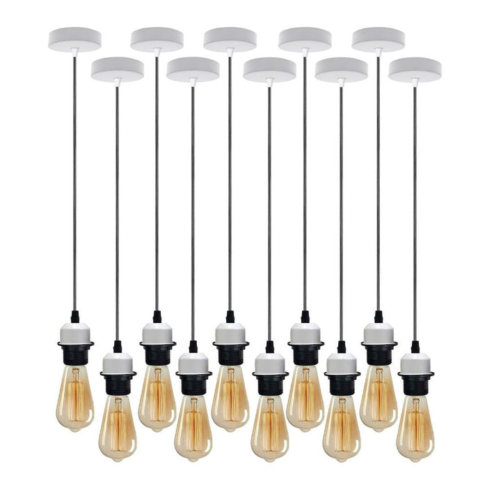 10 Pack Industrial White Pendant Light, Lampshade Holder Light, E27 UK Holder Set With PVC Cable.