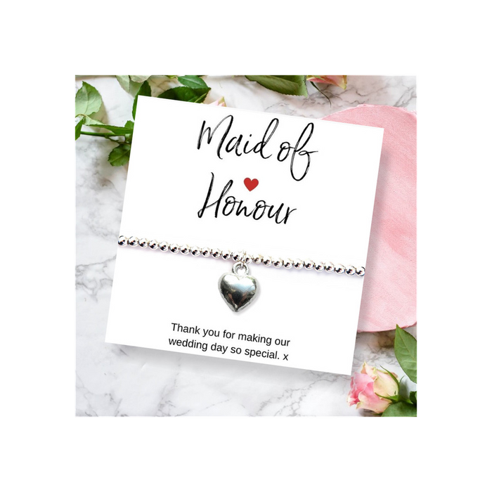 Maid of Honour Heart Bracelet & Thank You Card - Handmade in Scotland - Wedding Gift